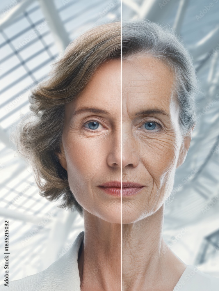 Poster face aging and reversing with treatments in a modern setting through time-lapse concept showcasing s