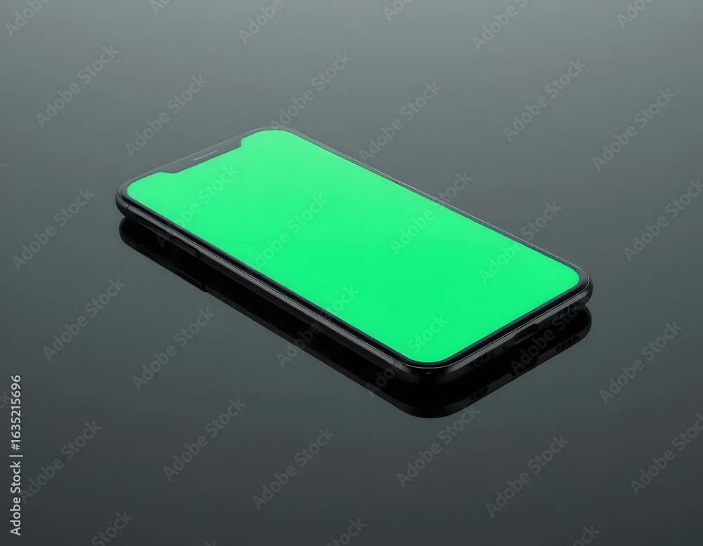 Poster modern smartphone with vibrant green screen for app promotion or ui design mockups on dark reflectiv