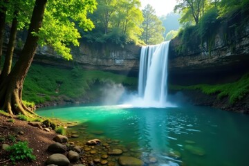 Misty waterfall plunges into emerald pool, surrounded by ancient trees , river, light, flow
