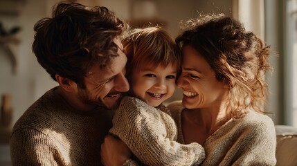 Warm family moment of child hugging both parents with smiles in sunlit living room