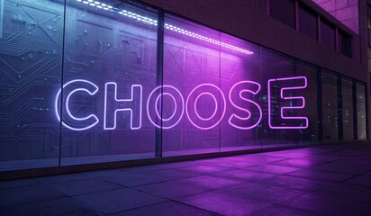 A brightly lit neon sign spelling CHOOSE in bold, glowing purple letters, set against a dark, modern glass wall. The reflective floor captures the neon glow, enhancing the overall ambiance.