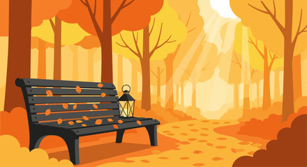 Empty park Bench in an Autumn Forest