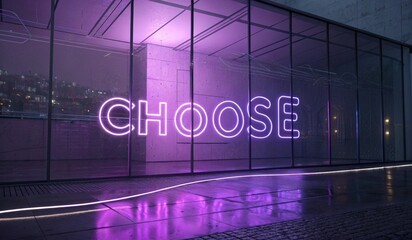 A brightly lit neon sign spelling CHOOSE in bold, glowing purple letters, set against a dark, modern glass wall. The reflective floor captures the neon glow, enhancing the overall ambiance.