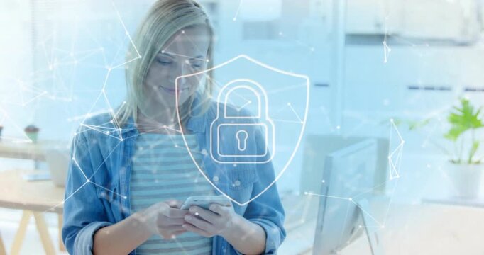 Mid adult woman picking up smartphone and scrolling with digital lock overlay pulsing for security