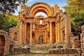 Ancient ruins of a temple, sunlit and overgrown