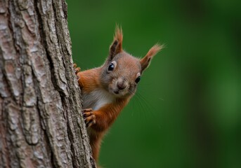 Curious squirrel peeking from behind a tree trunk