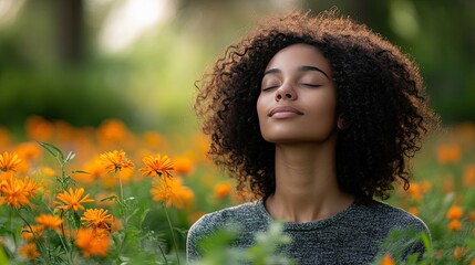A serene woman amidst a vibrant field of flowers, embracing mindfulness and tranquility, finding