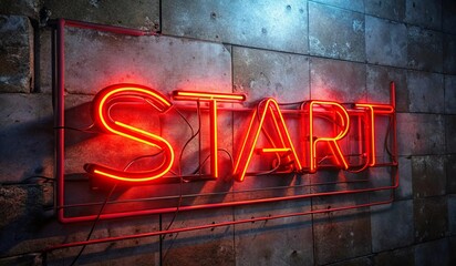 A glowing neon sign stating START in bold, illuminated red letters, framed by brackets, against a textured, dark stone wall with a slight blue hue. The lighting creates a dramatic contrast, highlighti