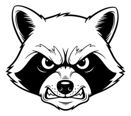 Monochrome Angry Raccoon Head with Showing Teeth and Fur Details