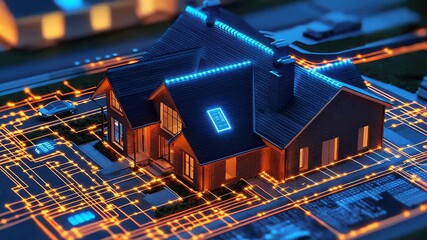 Modern smart home model with illuminated circuit connections representing advanced technology - Powered by Adobe