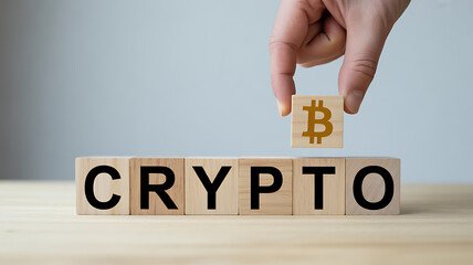 Hand placing a bitcoin symbol block on wooden cubes spelling out crypto representing digital currency and investment