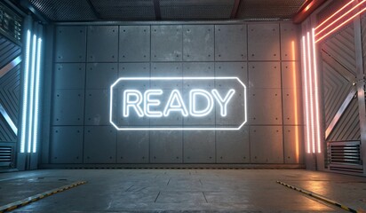 A futuristic corridor with sleek metallic walls, illuminated by LED lights. The word READY glows prominently in bright neon against a textured panel. Subtle lighting highlights details in the structur