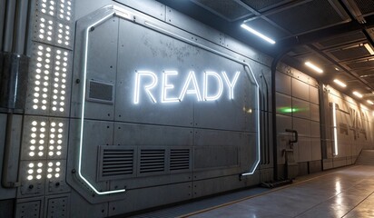 A futuristic corridor with sleek metallic walls, illuminated by LED lights. The word READY glows prominently in bright neon against a textured panel. Subtle lighting highlights details in the structur