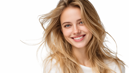 Bright smile of a blonde woman with windblown hair looking happy