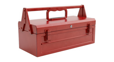 Classic red metal toolbox with sturdy handle and latches isolated on transparent background