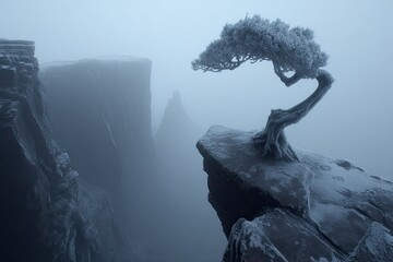 Frozen, lonely tree atop a misty mountain crag