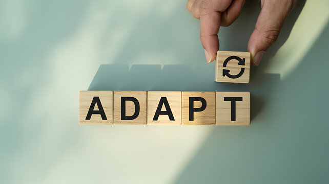 Person placing a block with a refresh symbol on the word adapt to represent change and evolution