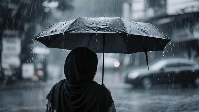 A woman wearing a hijab is seen from behind, holding a black umbrella in the rain. The shot captures a moment of solitude and resilience amidst a rainy urban setting.