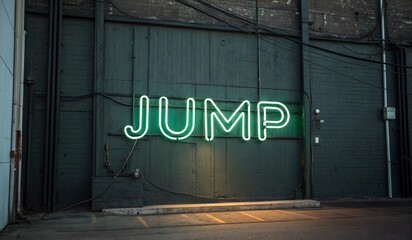 An industrial space features a vibrant green neon sign spelling JUMP on a brick wall. Dim lighting highlights the textures of the exposed beams and walls, while a ladder and crates are visible in the 