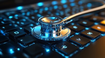 Cyber Health Check Stethoscope on a Glowing Laptop Keyboard with Tech Diagnosis Concept.
