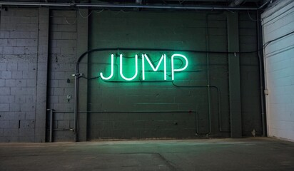 An industrial space features a vibrant green neon sign spelling JUMP on a brick wall. Dim lighting highlights the textures of the exposed beams and walls, while a ladder and crates are visible in the 