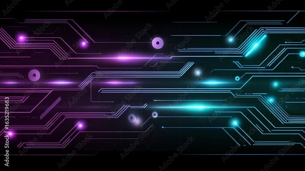 Poster futuristic digital circuit board glowing neon lines dots purple blue colors creating high tech dynam