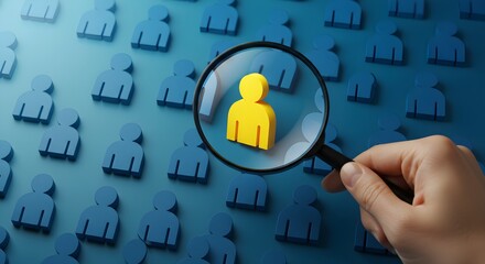 A hand holds a magnifying glass over a unique yellow figure, selecting it from a crowd of blue figures.