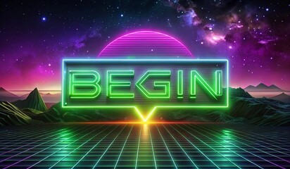 A neon green sign reading BEGIN is centrally displayed against a textured wall covered with rows of small square lights in various colors (red, yellow, blue, and green). The overall design suggests a 