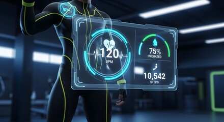 An athlete in a high-tech smart suit checks his vital signs on a futuristic holographic display.