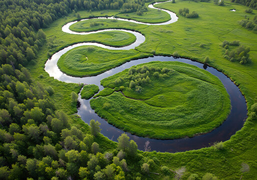 Aerial view of a winding river meandering through a lush green meadow and forest. - Powered by Adobe