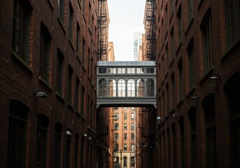 View through a narrow city alley with a connecting bridge