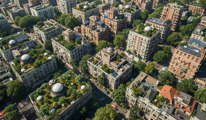 Naklejka premium Photo of aerial view of a modern city with green rooftops and solar panels promoting sustainable urban living