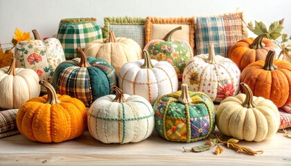 Cozy autumn arrangement of fabric pumpkins for fall home decor and Thanksgiving celebrations