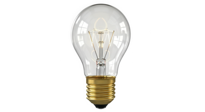 Clear glass incandescent light bulb with visible filament and brass base isolated on transparent background