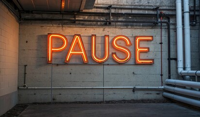 A glowing orange neon sign that reads PAUSE mounted on a grey concrete wall, with industrial pipes visible in the background. The lighting gives the text a vibrant and bold appearance, emphasizing the