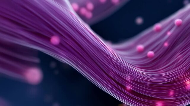Medical illustration showing scattered pink trigger points on muscle fibers emphasizing areas of fibromyalgia pain sensitivity.