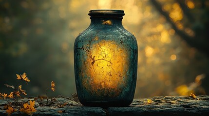 Old jar glows with inner light, autumnal setting