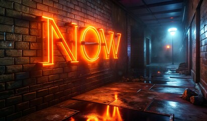 A dimly lit alleyway shrouded in fog features a prominent neon sign spelling NOW in bright orange. The brick wall behind the sign adds texture, while wet pavement reflects the glow, enhancing the atmo