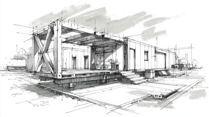 A sketch of a modern architectural structure showcasing a unique design, highlighting its geometric shapes and structural elements.