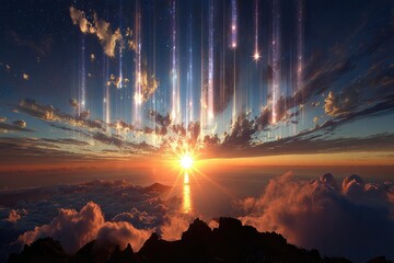 Sunrise over a mountain range, with streaks of light descending from the sky