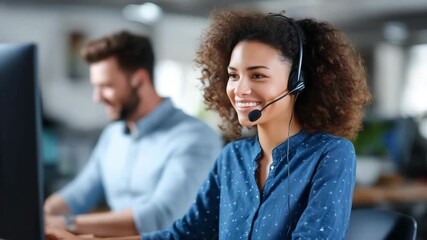 Friendly female customer service representative in headset assisting clients at modern office workspace