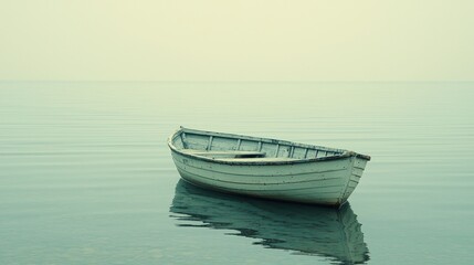 Naklejka premium Pale, empty rowboat on a still, misty lake