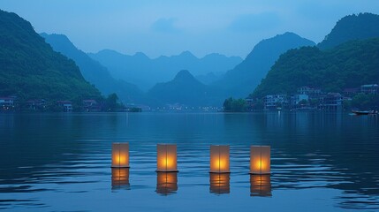 Obraz premium Peaceful lanterns on tranquil lake