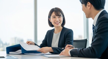 会議の後はリラックス：資料を片付けながら談笑している日本人女性社員