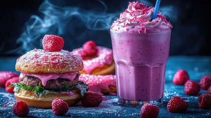 Pink raspberry donuts, burger, and milkshake