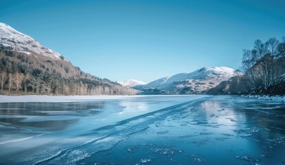 Obraz premium Frozen lake, winter mountain landscape, sunny day, background trees, travel postcard