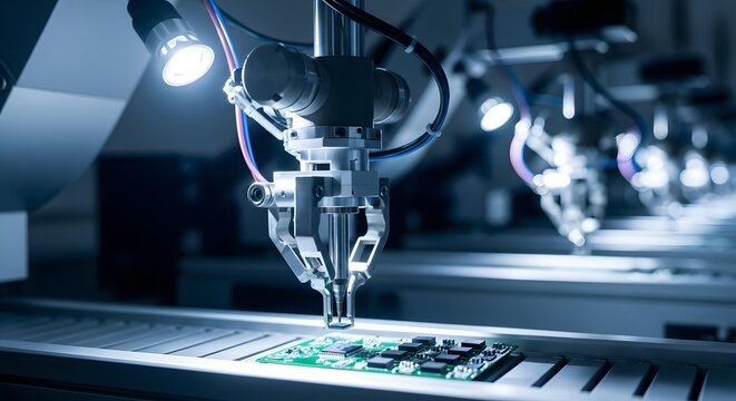 Automated robotic arms precisely placing components on circuit boards in a high-tech manufacturing facility. - Powered by Adobe