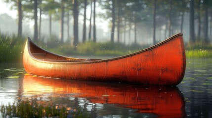 Red canoe on calm water, misty forest