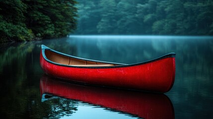 Red canoe on tranquil lake, misty forest
