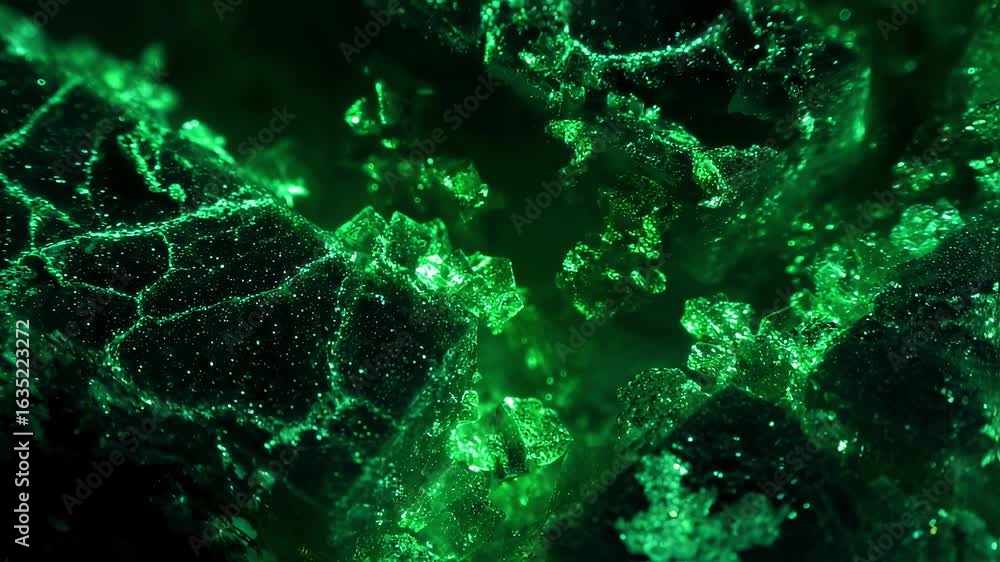 Poster dynamic timelapse footage of neon lime urate crystals progressively crystallizing and expanding with